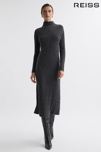 Reiss Charcoal Cady Fitted Knitted Midi Dress (852611) | £188
