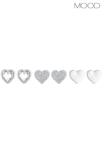Mood Silver Polished And Crystal Heart Stud Earrings Pack of 3 (852641) | £14