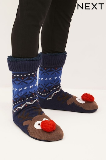 Navy Christmas Reindeer Slipper Socks (852879) | £18