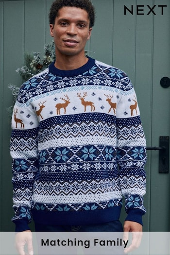 Navy Blue Regular Stag Wrap Mens Knitted Christmas Jumper (853884) | £34