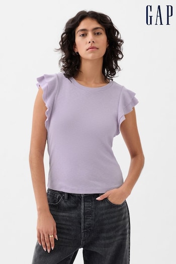 Gap Purple Essential Ribbed Flutter Sleeve Crew Neck T-Shirt (853970) | £20