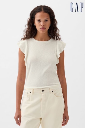 Gap White Essential Ribbed Flutter Sleeve Crew Neck T-Shirt (854098) | £20