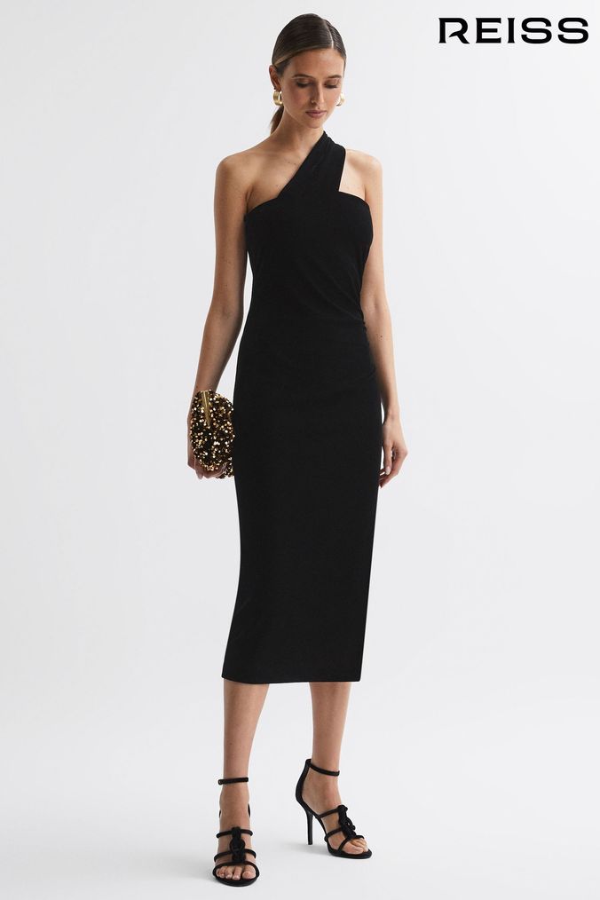 Reiss Black Abbey Velvet One-Shoulder Midi Dress (854286) | £148
