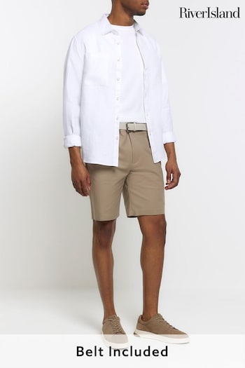 River Island Brown Ecru Belted Chinos Shorts mid-rise (854593) | £32