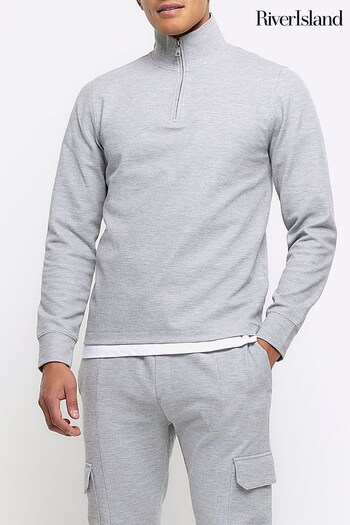 River Island Grey Slim Fit Textured Funnel Neck Sweat Shirt (854608) | £40
