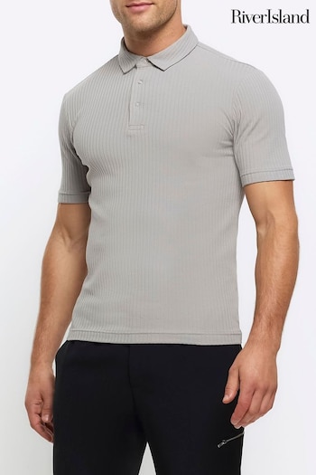 River Island Grey Muscle Fit Texture Ribbed Polo Shirt (854629) | £25