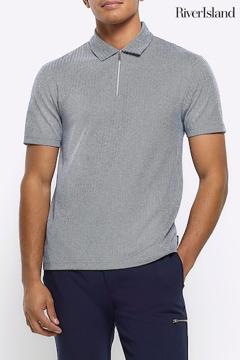 River Island Grey Herringbone Regular Fit Zip Polo Shirt (855029) | £30