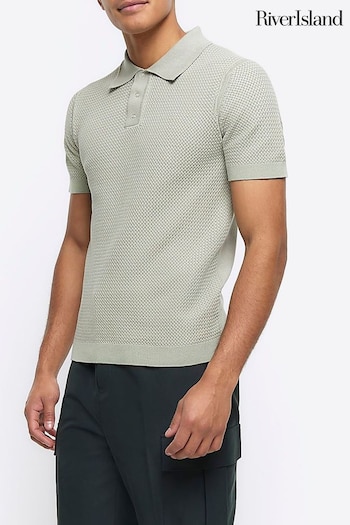 River Island Green Textured Knitted Slim Fit Polo Shirt (855056) | £30