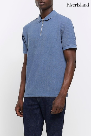 River Island Blue Smart Texture Zip Neck Polo Shirt (855208) | £30