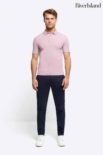 River Island Pink Muscle Fit Texture Ribbed Polo Shirt (855283) | £25
