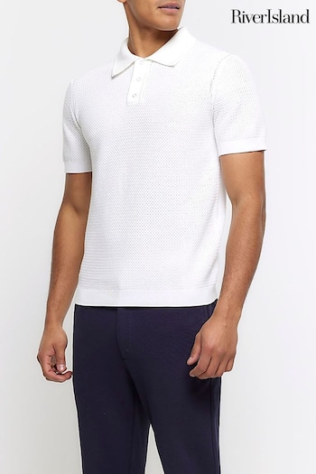 River Island White Textured Knitted Slim Fit Polo Shirt (855448) | £30