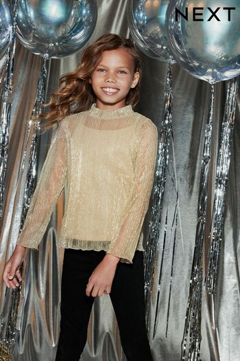 Gold High Neck Sparkle Mesh Top (3-16yrs) (857745) | £16 - £21