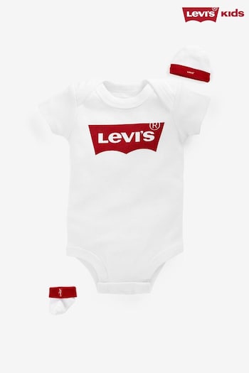Levi's® White Classic Kids Batwing Infant Patrizia Hat, Bodysuit And Booties Set (858495) | £24