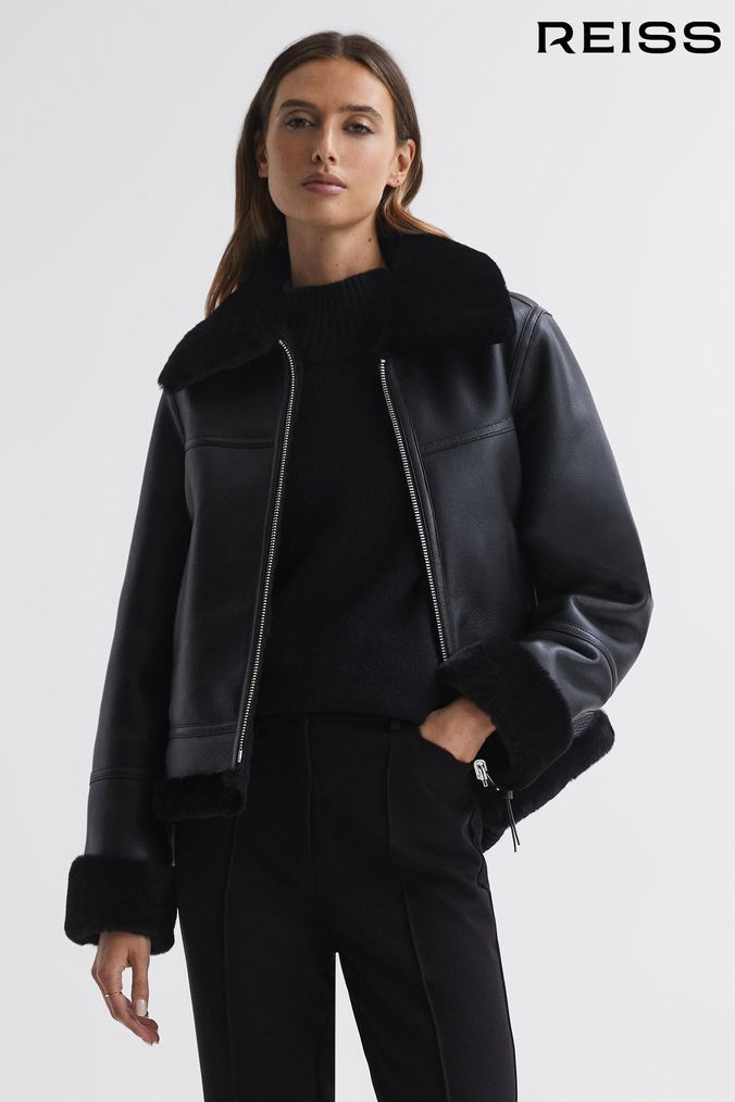 Reiss Black Melody Reversible Leather Shearling Zip-Through Jacket (859219) | £1,198