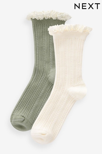 Cream and Green Cotton Rich Ruffle Frill Ankle Socks 2 Pack (859601) | £5 - £7
