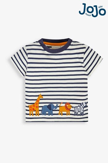 JoJo Maman Bébé Ecru Navy Stripe Safari Appliqué T-Shirt (860399) | £16