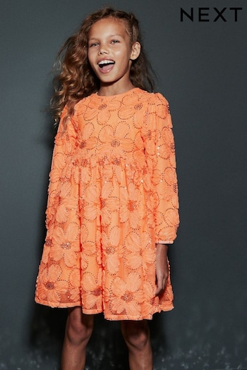 Apricot Orange 3D Floral Mesh Sequin Long Sleeve Party Dress (3-16yrs) (861597) | £27 - £33
