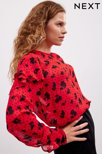 Preen Red/Black Floral Spot Ruffle Long Sleeve Blouse (861598) | £45