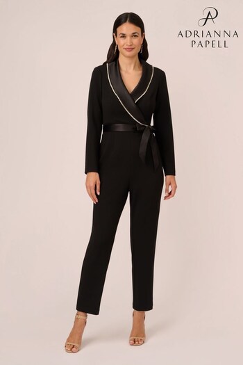 Adrianna Papell Crystal Trim Tuxedo Black Jumpsuit (861789) | £199