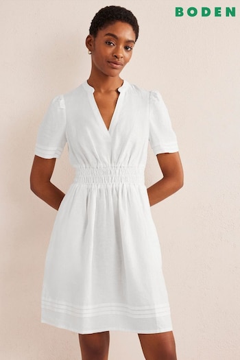 Boden White Linen Pintuck Detail Mini Dress (862830) | £98