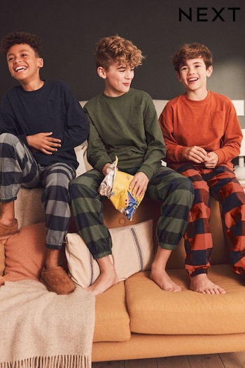 Khaki Green/Rust Brown Check Bottom Pyjamas 3 Pack (3-16yrs) (862928) | £36 - £45