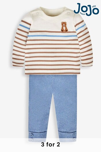 JoJo Maman Bébé Blue Boys' Bear Embroidered Breton Top & Cosy Trousers Baby Set (863305) | £28