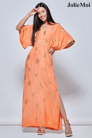 Jolie Moi Orange Printed Kimono Sleeve Holiday Maxi Dress Green (864909) | £69
