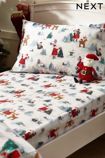 White Santa and Presents All Over Print Fitted Sheet and Pillowcase Set (865408) | £12 - £18