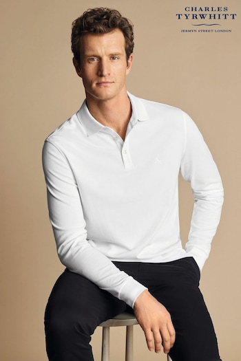 Charles Tyrwhitt White Solid Long Sleeve Plain Tyrwhitt Pique Polo Shirt (865522) | £60