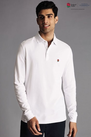 Charles Tyrwhitt White Rfu Long Sleeve Pique Polo Syracuse Shirt (865706) | £70