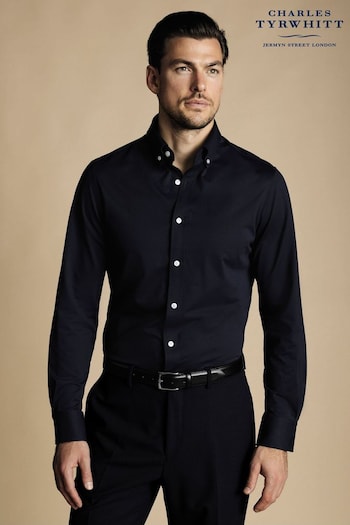 Charles Tyrwhitt Blue Dark Four Way Stretch Button Down Jersey Shirt (865811) | £70