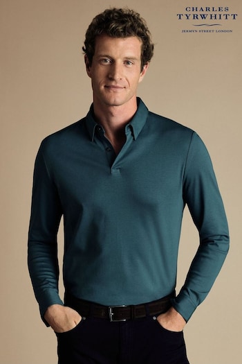 Charles Tyrwhitt Blue Plain Long Sleeve Jersey Polo Shirt (865824) | £65