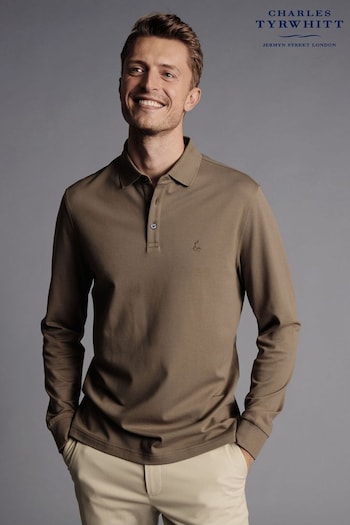 Charles Tyrwhitt Brown Solid Long Sleeve Plain Tyrwhitt Pique Polo Shirt (865872) | £60