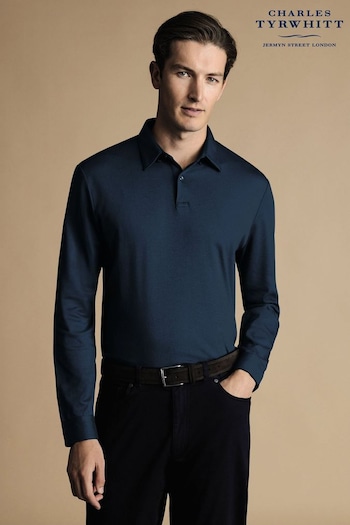 Charles Tyrwhitt Blue Plain Long Sleeve Jersey Polo Shirt (866545) | £65