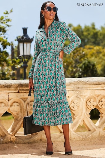 Sosandar Green Chain Tied Detail Long Sleeve Shirt Dress (866560) | £75