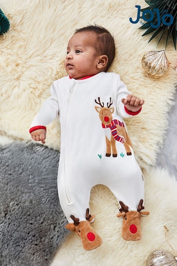 JoJo Maman Bébé Cream Reindeer Appliqué Zip Sleepsuit (866789) | £23