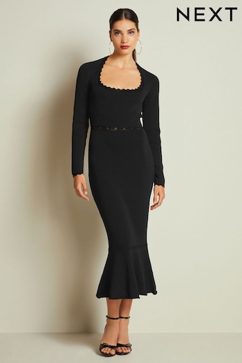 Black Square Neck Stitch Detail Long Sleeve Knitted Midi Dress (867238) | £45