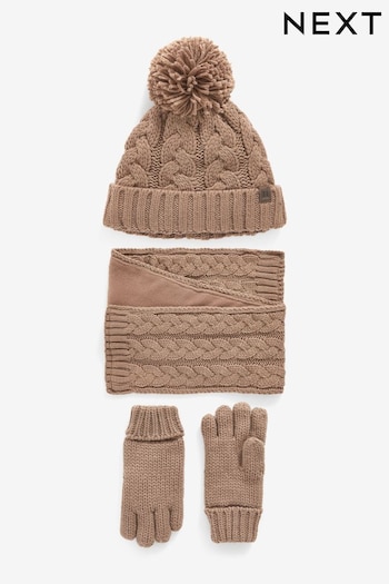 Mocha Brown Knitted hilfiger Hat, Gloves and Scarf 3 Piece Set (3-16yrs) (868633) | £17 - £20
