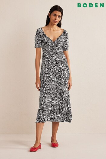 Boden Black Petite Ruched Front Jersey Midi Dress (868929) | £85