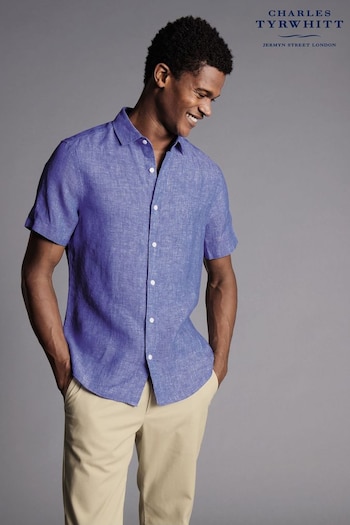 Charles Tyrwhitt Blue Plain Slim Fit Short Sleeve Pure Linen Shirt (869268) | £70