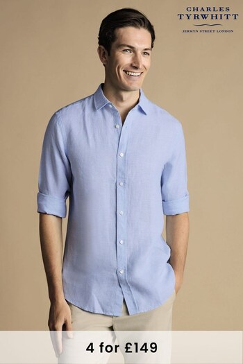 Charles Tyrwhitt Blue Slim Fit Plain Pure Linen Shirt (869457) | £70
