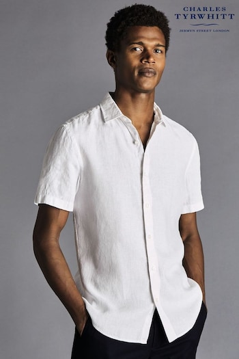 Charles Tyrwhitt White Slim Fit Plain Short Sleeve Pure Linen Shirt (869484) | £70