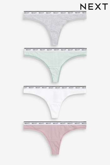 Gingham Print/Mauve/Grey Marl/White Thong Cotton Rich Logo Knickers 4 Pack (869675) | £17