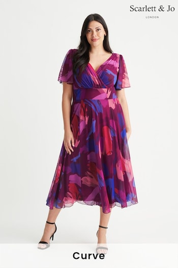 Scarlett & Jo Magenta Pink Splash Victoria Angel Sleeve Mesh Long Midi Dress (870469) | £85