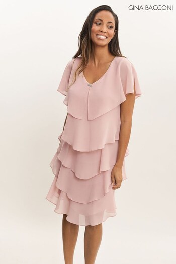 Gina Bacconi Pink Bella Georgette Tiered Dress (871033) | £220