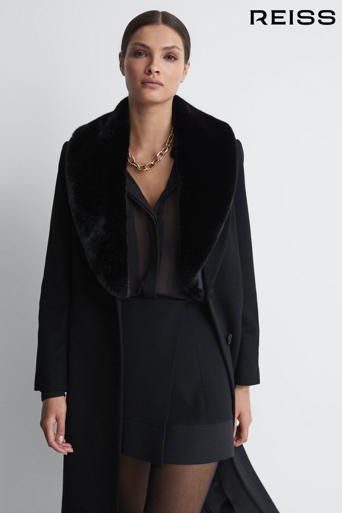 Reiss Black Laurie Wool Blend Removable Faux Fur Collar Coat (871533) | £428