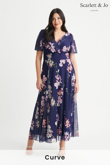 Scarlett & Jo Navy Blue Floral Isabelle Angel Sleeve Maxi Dress (872459) | £95