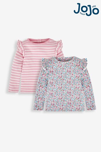 JoJo Maman Bébé Pink Ditsy Floral & Stripe Frill Tops 2 Pack (872464) | £19.50