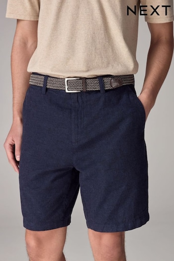 Navy Blue Linen Cotton Chino Shorts with Belt Included (872702) | £26