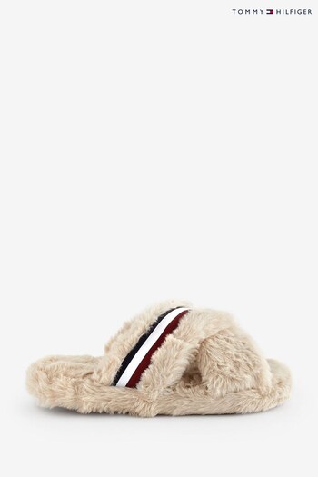 Tommy Hilfiger Faux Fur Cross Strap Home Brown Slippers (872909) | £45